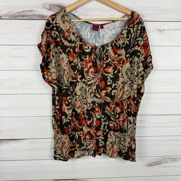 Women's 212 Brown Orange Floral Design All Over Print Blouse Size XL - Picture 1 of 6
